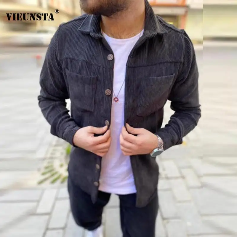 

Autumn Fashion Rib Corduroy Men's Shirts Casual Turn-down Collar Solid Male Tops Spring Single Breasted Button Streetwear Shirt