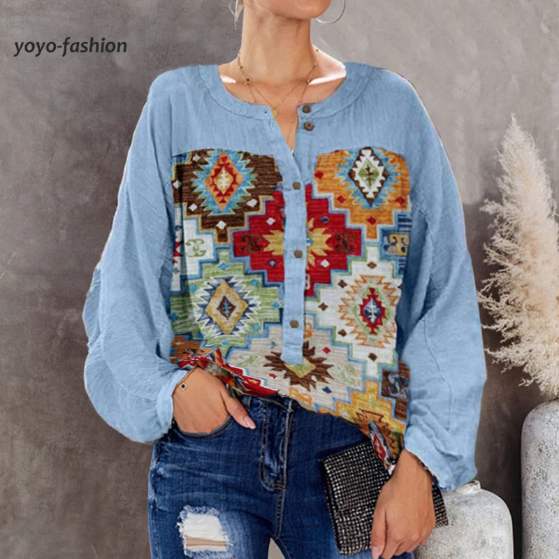 

2022 Womens Spring Fall Buttoned Shirt Casual Bohemian Retro Lady Long Sleeve Tops Ethnic Print Pullover Blouse Blusas De Mujer