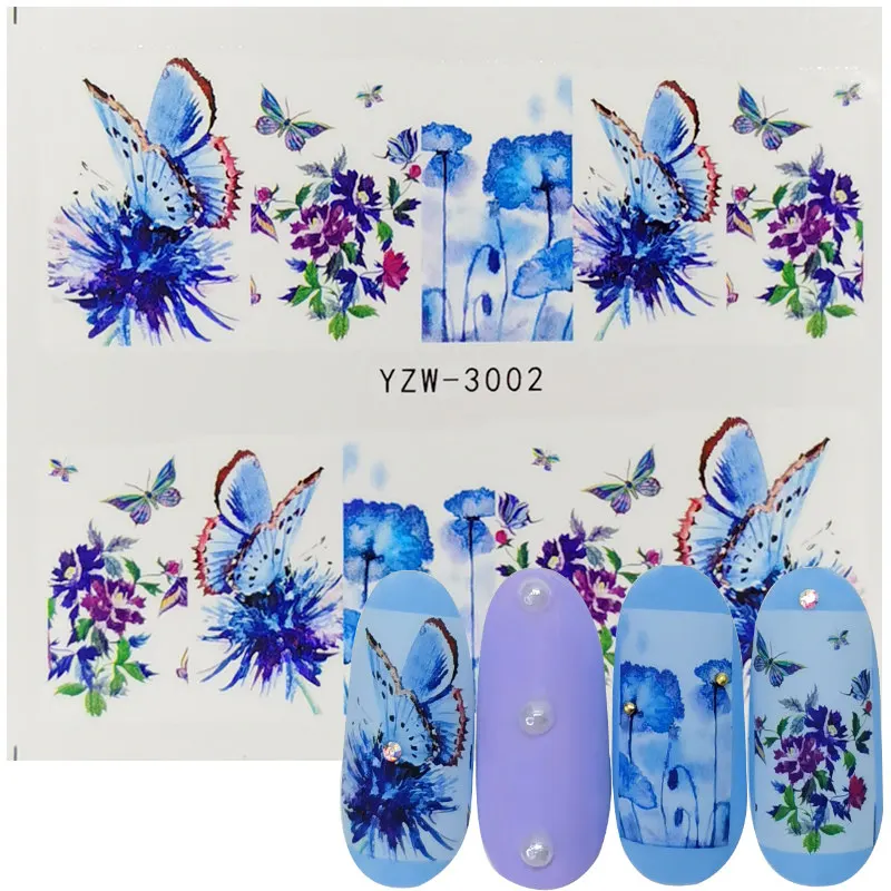 1pcs Nail Art Water Decals Butterfly Flower Blue Designs for Women Full Cover Sticker Decor Watermark Slider Summer Tips | Красота и