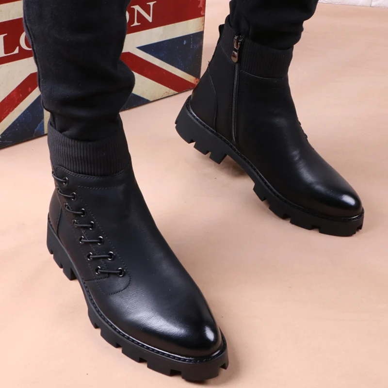 

England style men's casual motorcycle boots natural leather platform shoes warm plush winter snow botines hombre ankle botas man