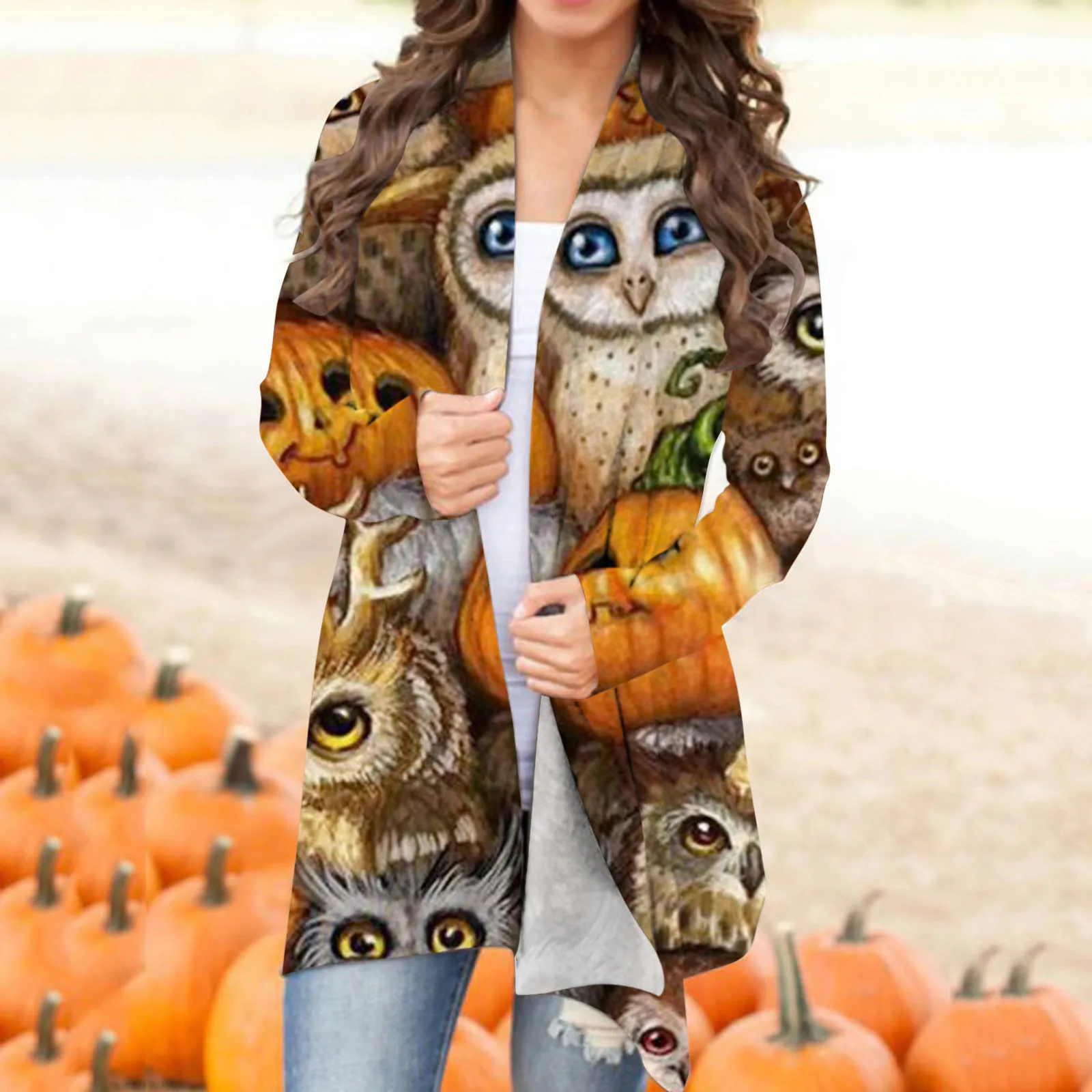 

Women'S Casual Halloween Animal Pumpkin Print Cardigan Coat Long Sleeve Blouse