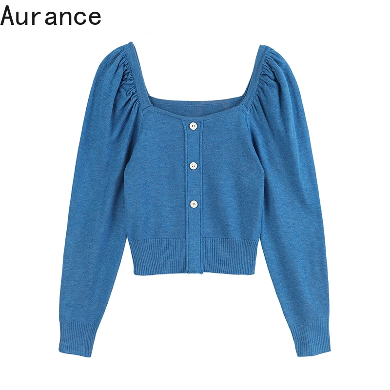 

[Aurance] Women Long Sleeve Blue Knitting Sweater Loose Fit Square Collar Pullovers New Fashion Tide Spring Autumn Female 2021