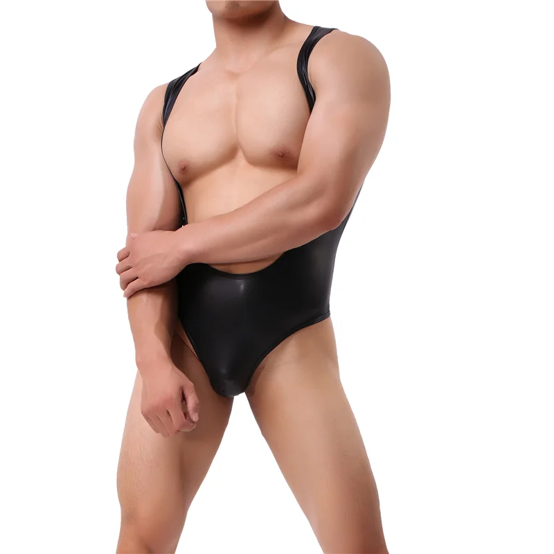 Sexy Lingerie Mens Shapers Jockstrap Bodysuit Wrestling Singlet Imitation Leather Sexy Body Shaper Bodybuilding Jumpsuit Leotard