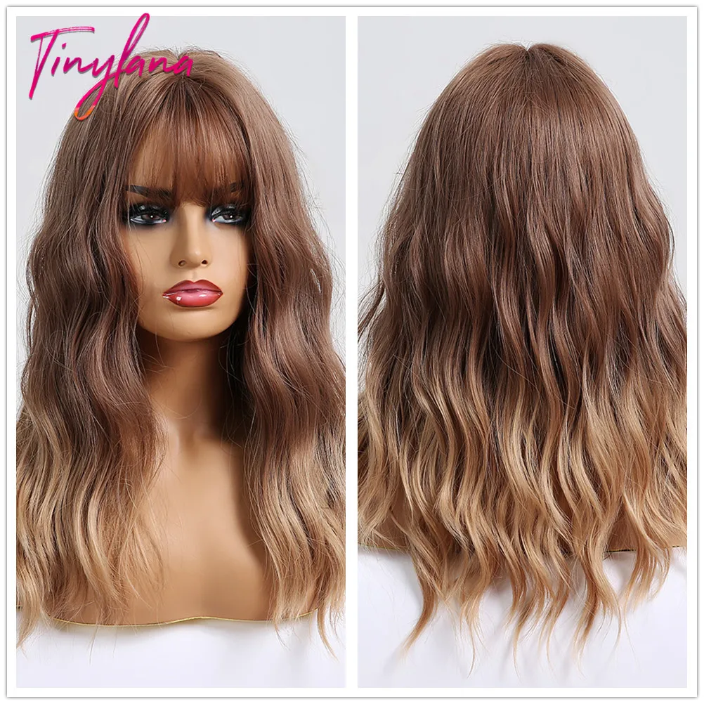 

TINY LANA Long Wave Women Wigs with Bangs Ombre Brown Blonde High Temperature Fiber Synthetic Wigs for Black White Women Cosplay