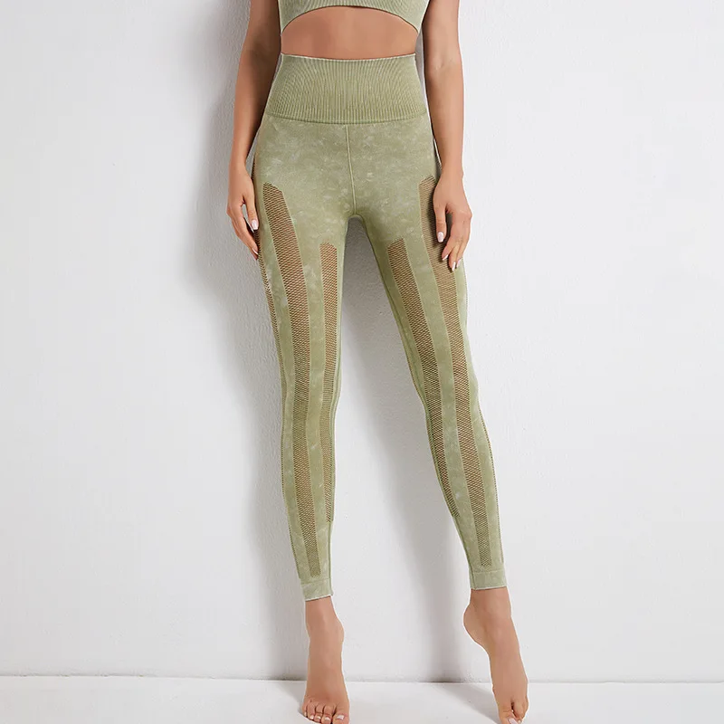 Бесшовные женские спортивные брюки с высокой талией леггинсы вырезами сетчатые