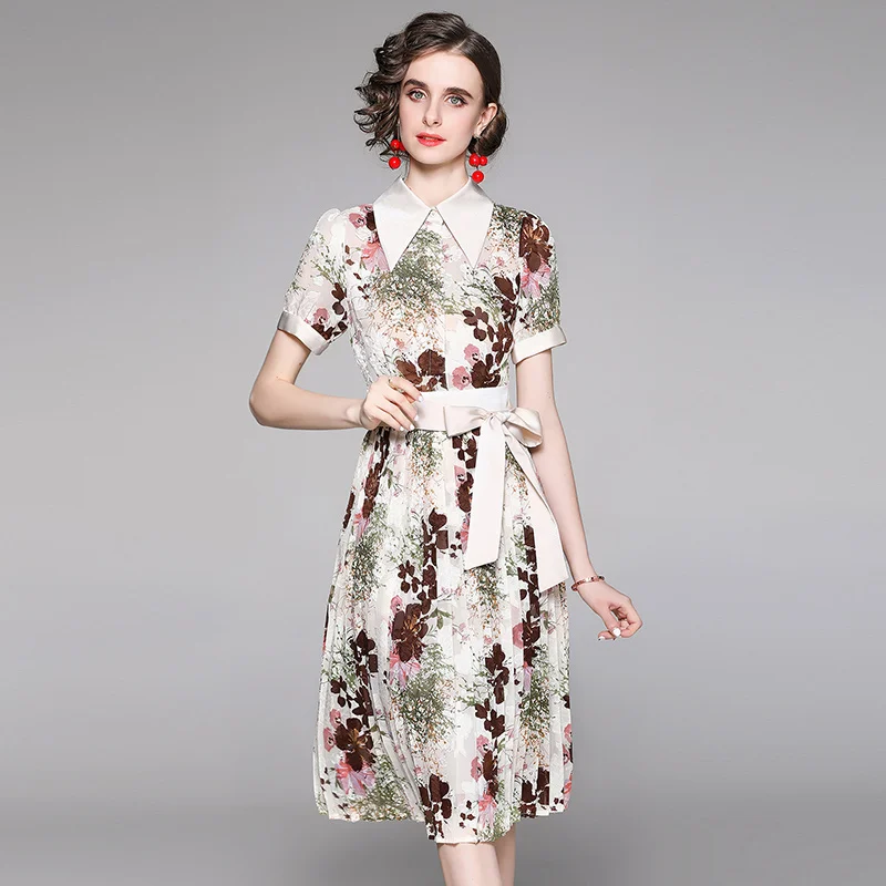 

Women Summer Designer Elegant Short Sleeve Floral Print Dress Sexy Slim Cocktail Party Robe Female Vintage Pleated Dress Vestido