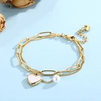 stainless steel heart charm bracelet for women gold fashion shell bead link chain jewelry gift