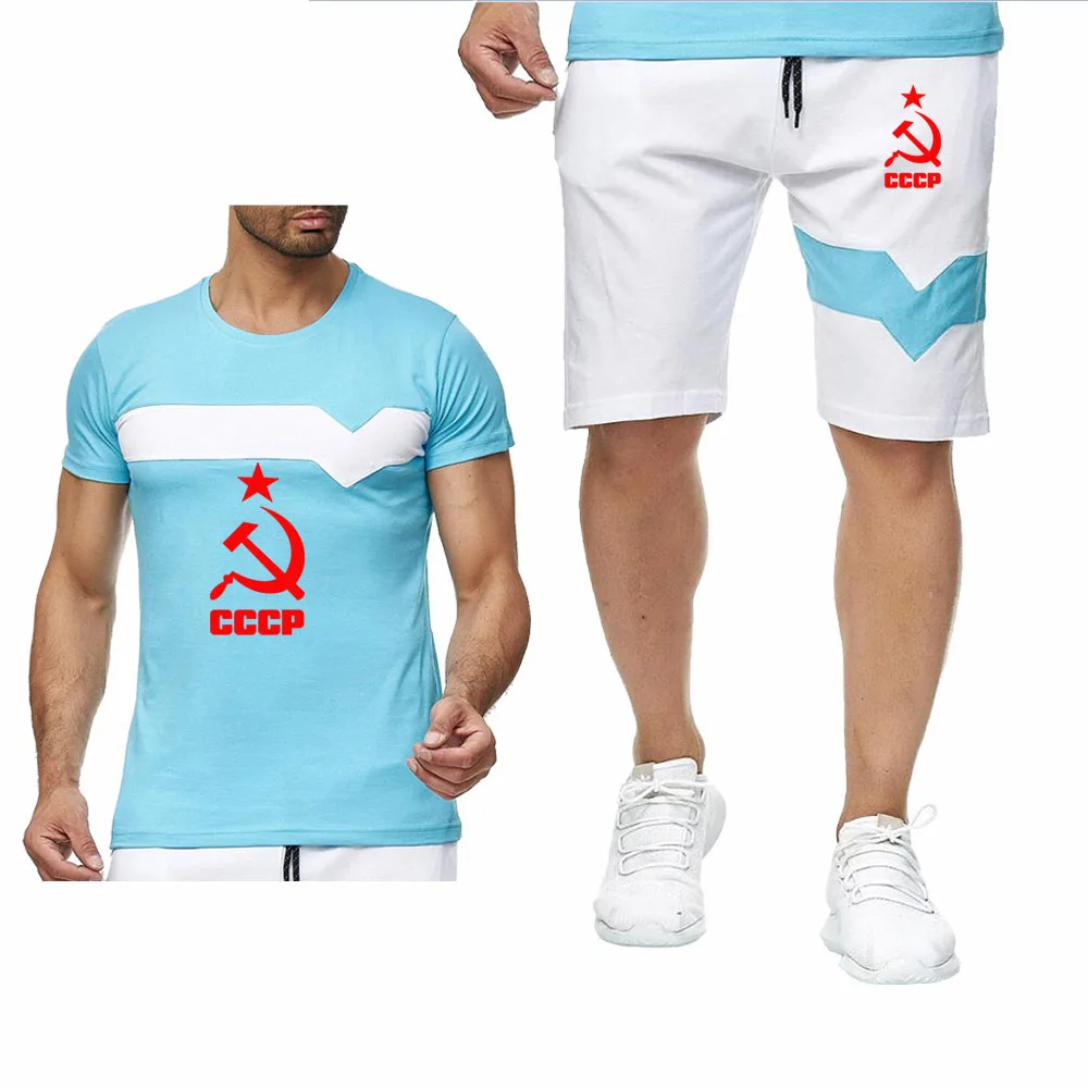 

Summer Fashion T Shirts Men CCCP Russian USSR Soviet Union Man Crew neck Short sleeve Mens Casual Cotton T Shirts Shorts 2Pcs su
