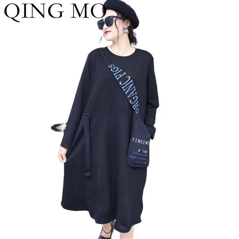 

Женское платье с длинным рукавом QING MO, Осеннее черное платье с надписью и карманами, 2021