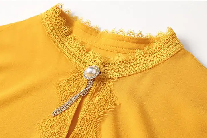 

Long Sleeved Dress Women 2019 Autumn Stand Collar Lace Patchwork Solid Color Slim A-Line Elegant Chiffon Dress Midi Yellow M-XXL