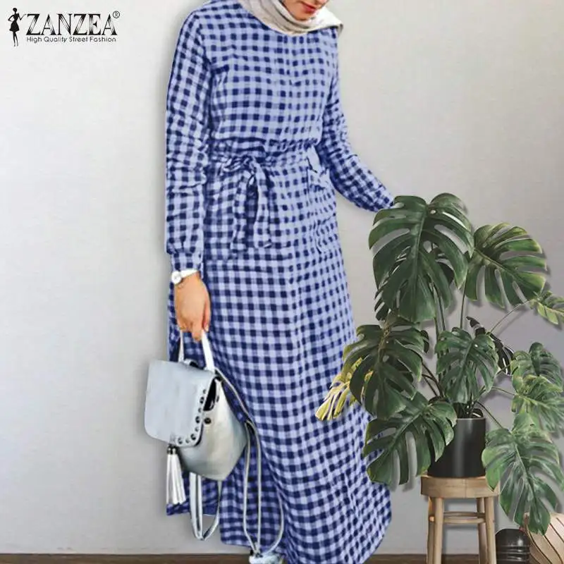 

Fashion Muslim Check Dress Women's Spring Sundress ZANZEA Casual Long Sleeve Abaya Vestidos Female Marocain Turkish Robe Femme