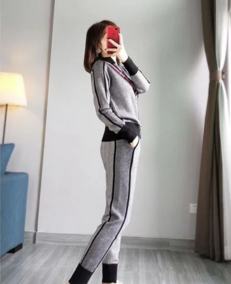 

European station autumn and winter new fashion, western style, thin zipper pattern, knitted leisure sports two piece suit for wo