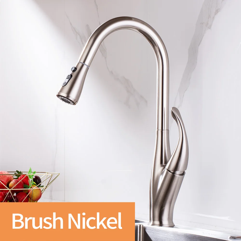 Brush Nickel Выдвижной кухонный смеситель с одной ручкой,смеситель для раковины с одним отверстием,поворотный кухонный кран 360 градусов, кран кухня 3 функции - Цвет: Brush Nickel