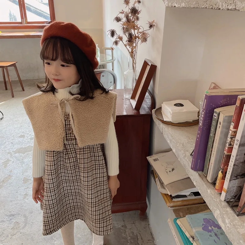 

Vintage Baby Girl Plaid Dress 2021 Children Autumn Sleeveless One Piece Dresses With Collar Kids Winter Vest Clothes 2 To 8 Year