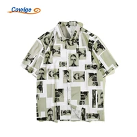 covrlge new short sleeve mens shirt summer fashion portrait printing loose pattern lapel cardigan daily casual top mcs158