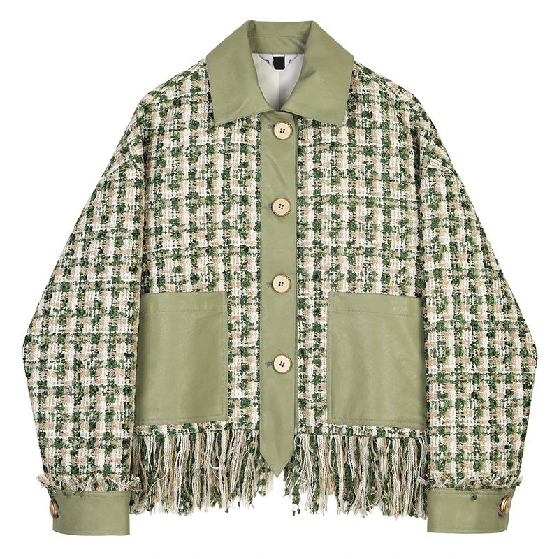 Свободный крой зеленый плед твид кисточки элегантный пиджак новый лацкан с