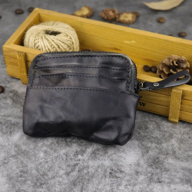 Black Кошелек из натуральной кожи для монет, держатель для карт, для мужчин и женщин, винтажный, ручной работы, короткий тонкий маленький кошелек на молнии, сумка для денег, сменный карман, мужской - Цвет: Black