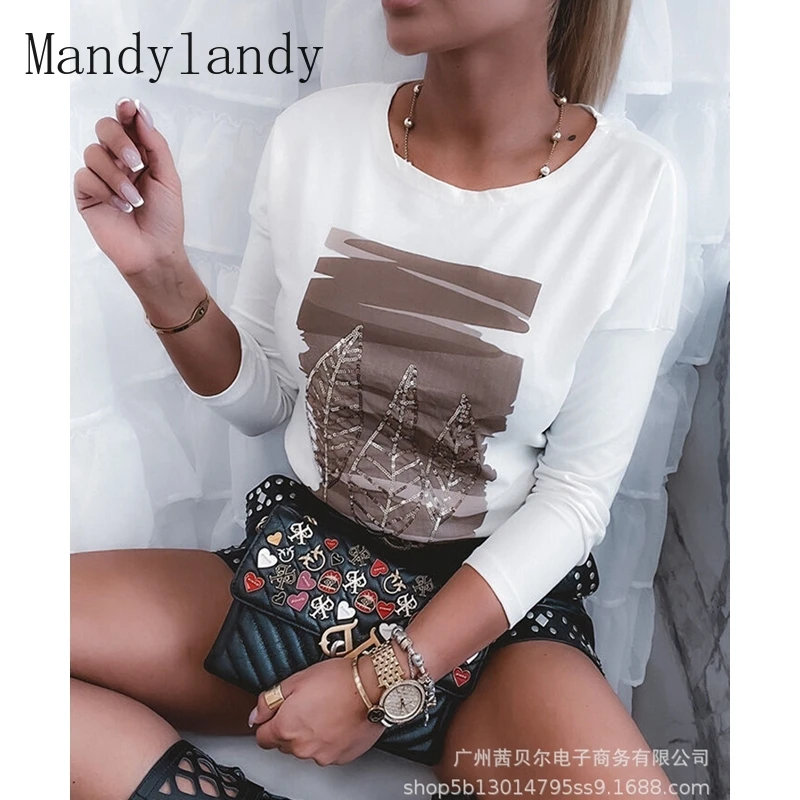 

Mandylandy T-shirt Autumn Fashion Long Sleeve O-Neck Loose Pullover T-shirt Women's Casual Printed Sequin Stitching T-shirt Top