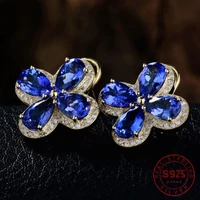 2021 new luxury 18k gold plated aaa blue zircon lucky clover stud earring for women trendy female jewelry birthstone party gifts