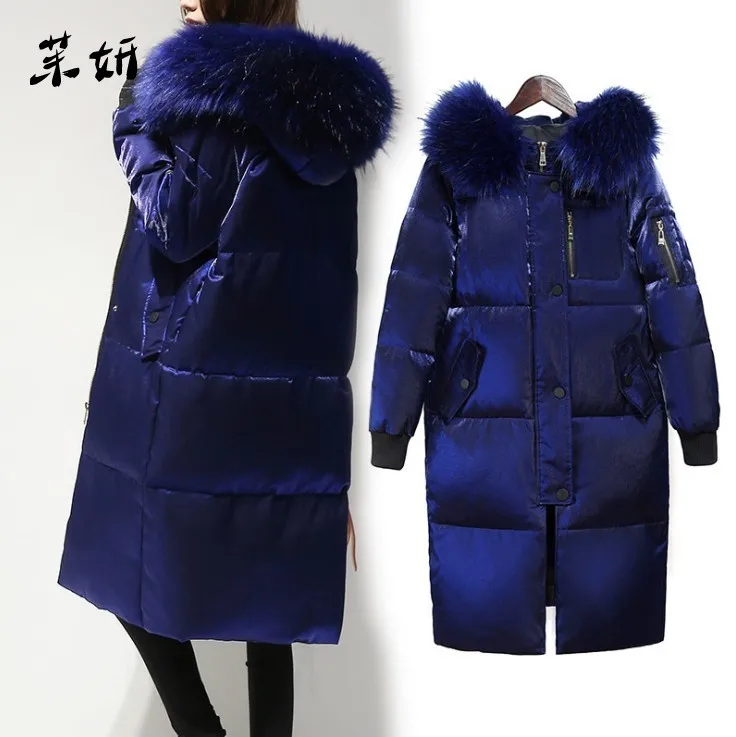 Женский пуховик с большим меховым воротником длинная парка на белом утином пуху