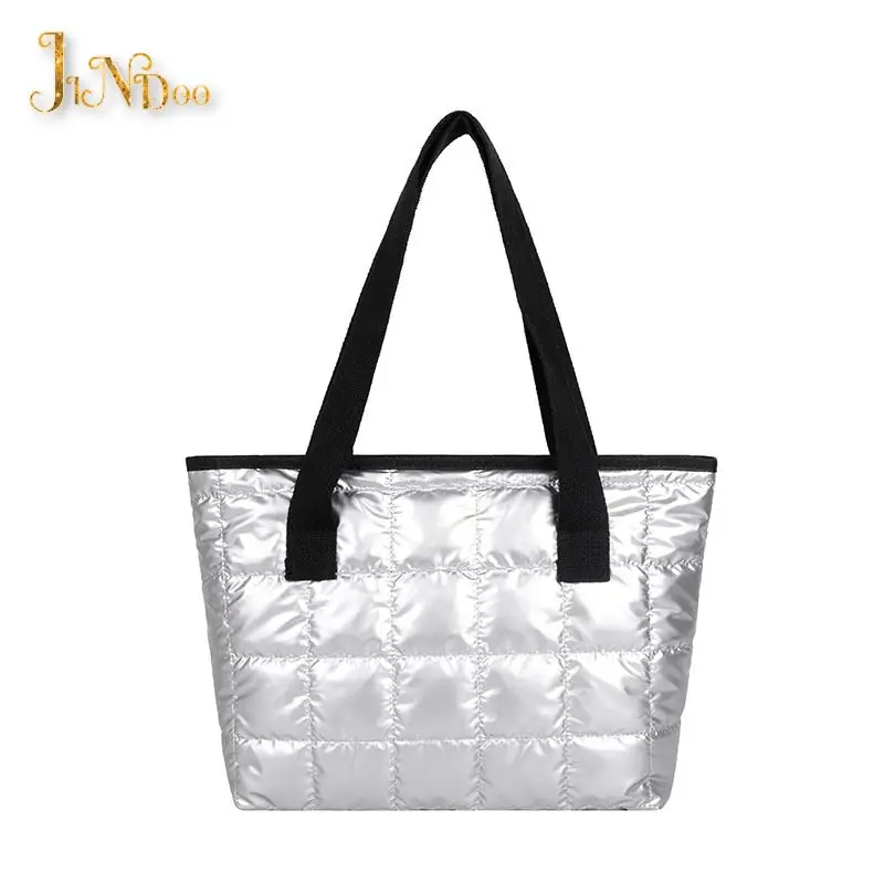 2021 new cotton tote handbags fashion winter quilted travel shoulder bags for women large capacity waterproof shopping purses free global shipping