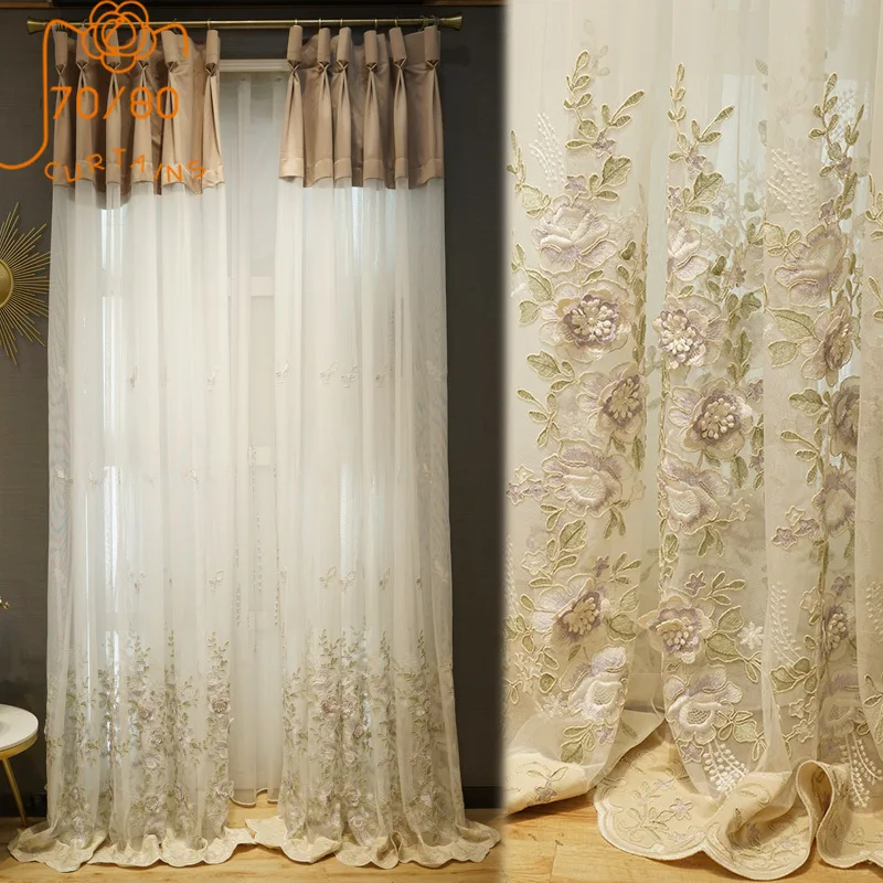 

French Luxury Embroidered Gauze Curtain Princess Style Curtains for Living Room Bedroom Finished Product Customization