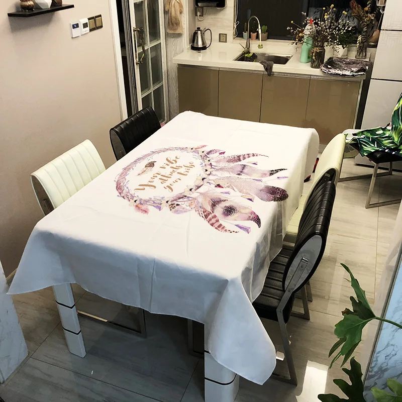 

3D Feather Boho Tablecloth White Waterproof Oilproof Rectangular Tea Table Cloth Functional Floral Table Cloth for Picnic Party