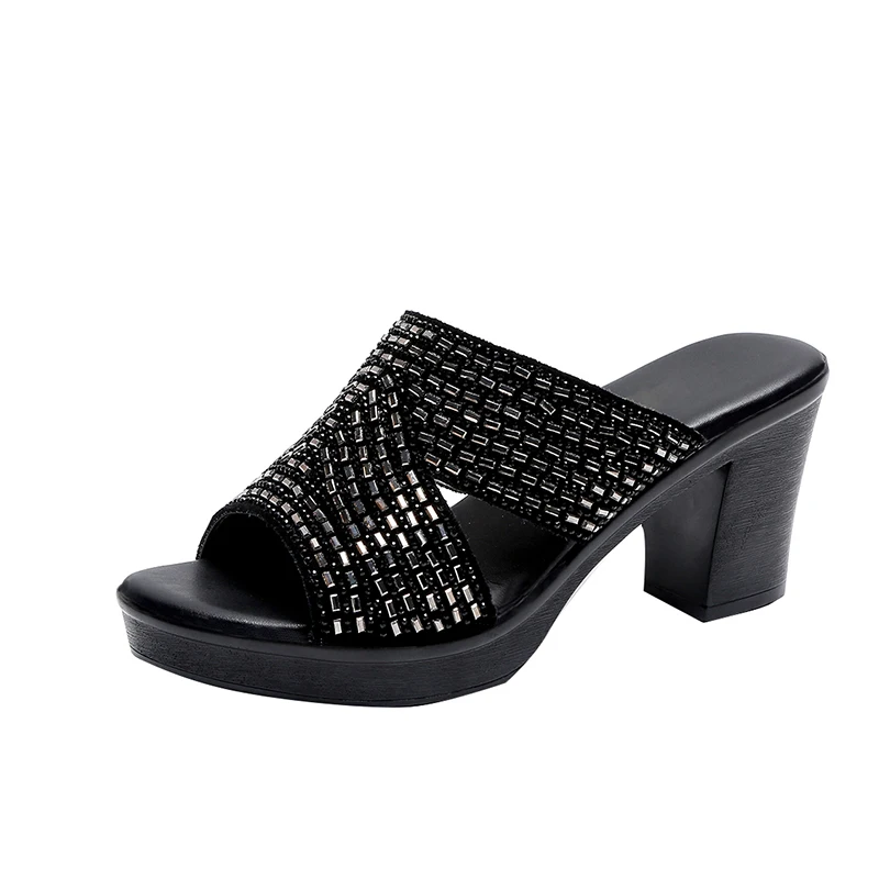 

Women's Open Toe Slippers Sequins Decor Platform Ladylike Sweet 2022 New Summer Fashion Popular Comfy High Thick Heel Slippers