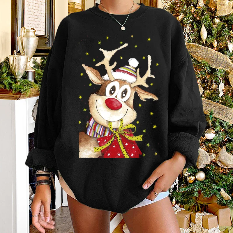 

Seeyoushy Merry Christmas Elk Deer Graphic Print Sweatshirt Women Crewneck Casual Pullovers Top Long Sleeve Sudaderas Streetwear