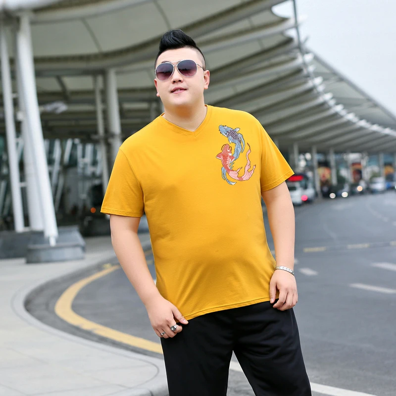 Мужская футболка большого размера с v-образным вырезом и рисунком рыбы летняя