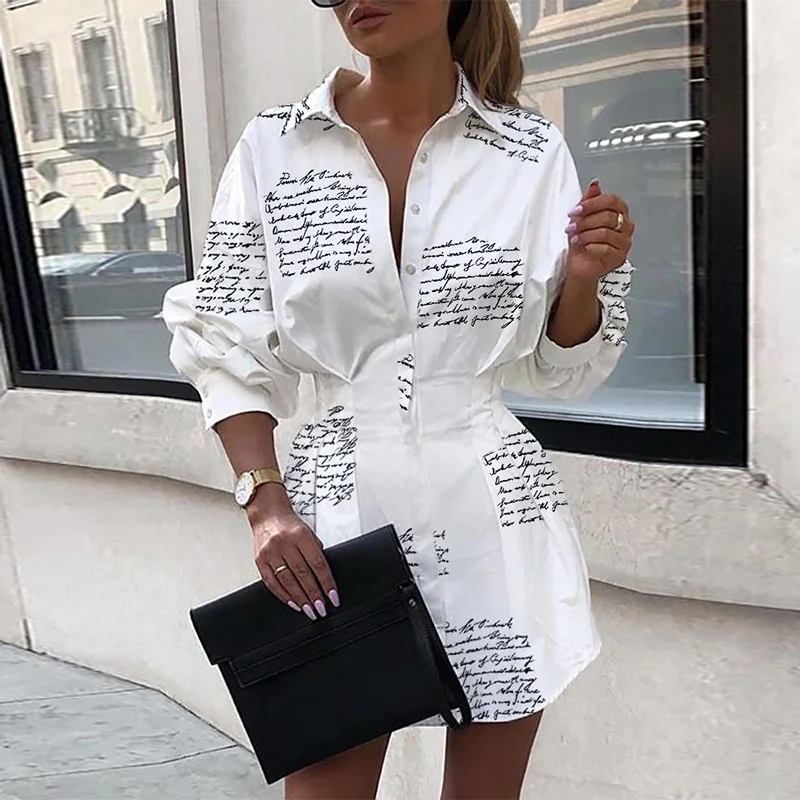 Женское платье-рубашка с буквенным принтом и узкой талией женское осеннее