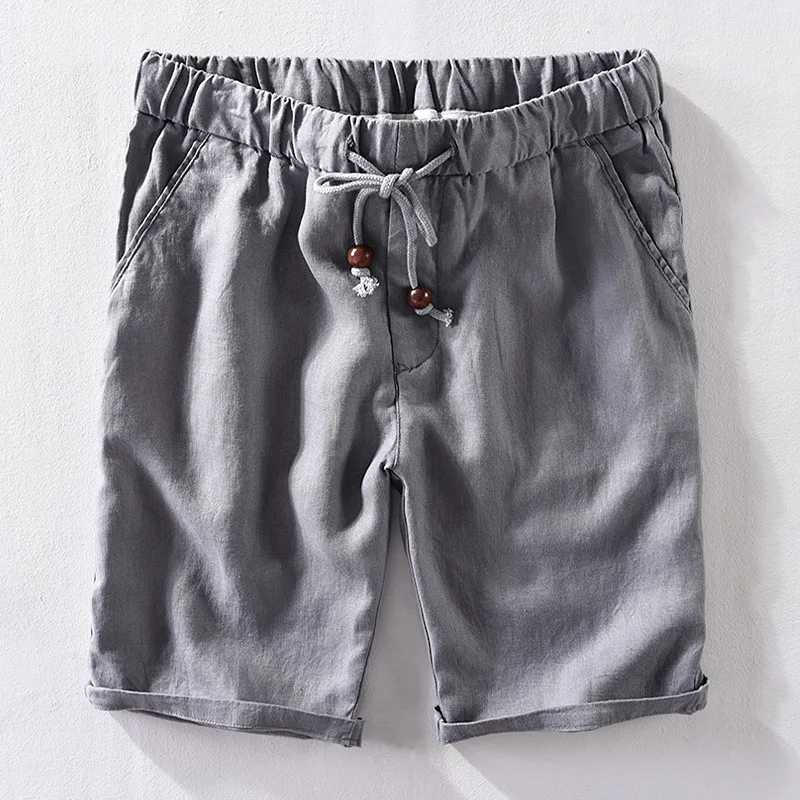 Male Solid Color Simple Casual Slim Shorts Daily Men Summer Fashion Japan Style 100% Linen High Quality Elastic Waist Shorts