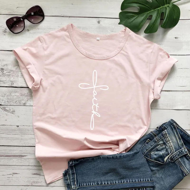 peach-white text Крест вера футболка с печатными буквами унисекс религиозных христианской церкви футболка лето экипаж шеи Графический лозунг Oversize-футболка - Цвет: peach-white text