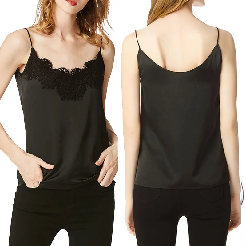Женский топ на тонких бретельках черный с кружевами и шелком летние топы белые