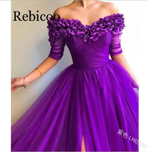 Женское вечернее платье с открытыми плечами длинное Бордовое из тюля рукавом 3/4 и