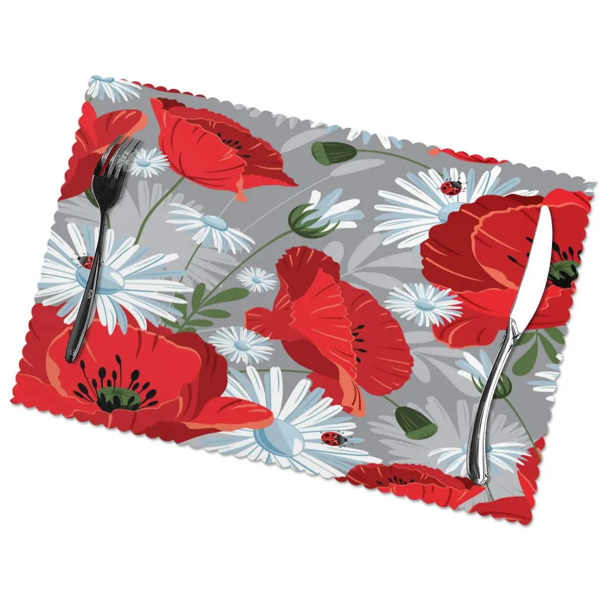 

6 PCS Placemat Table Mat Poppies And Daisies Pattern For Tables Heat-insulation Linen Kitchen Dining Pads