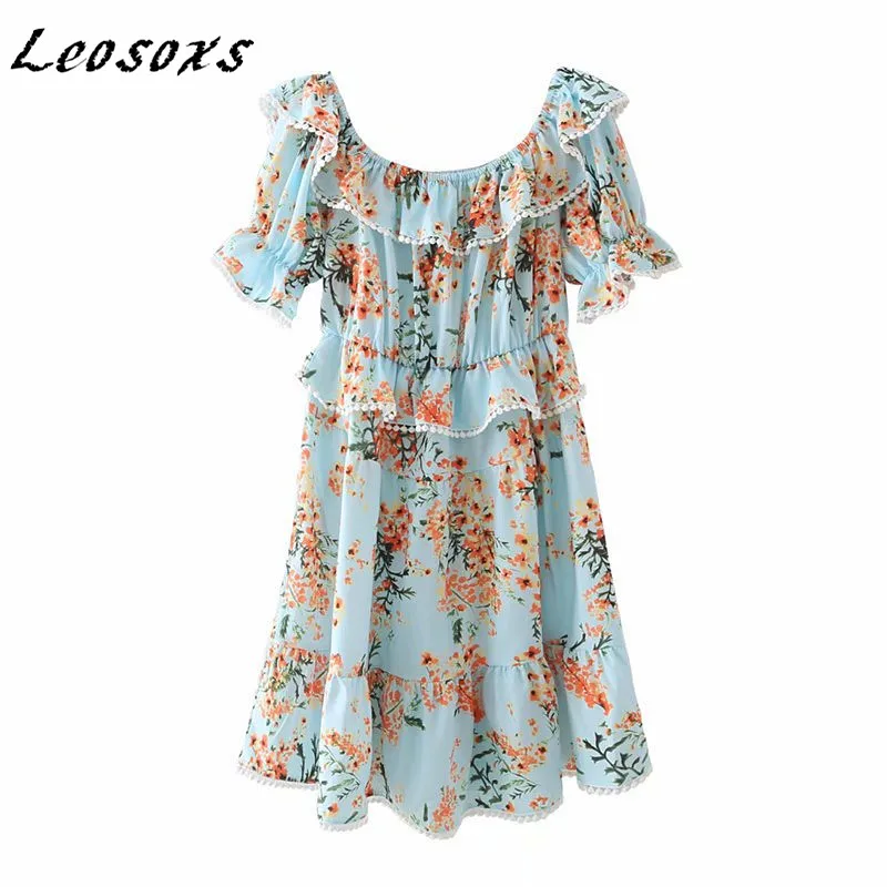

Leosoxs Resort style floral print women dress puff sleeves one-line collar ruffled layered A-line dresses 2021 summer new style