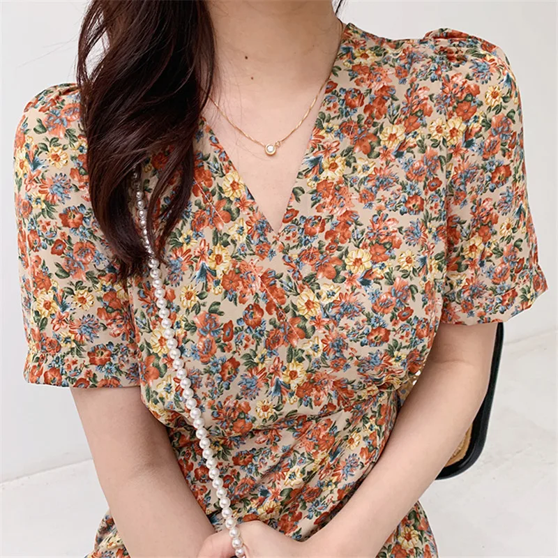 

Alien Kitty 2020 Summer Women Dresses Elegant Female Floral Irregular Short Sleeve V-neck Thin Slim Waist Dress Casual Vestidos