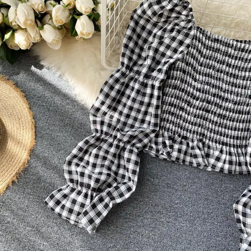 Женская клетчатая блузка в стиле ретро с кружевными вставками облегающие