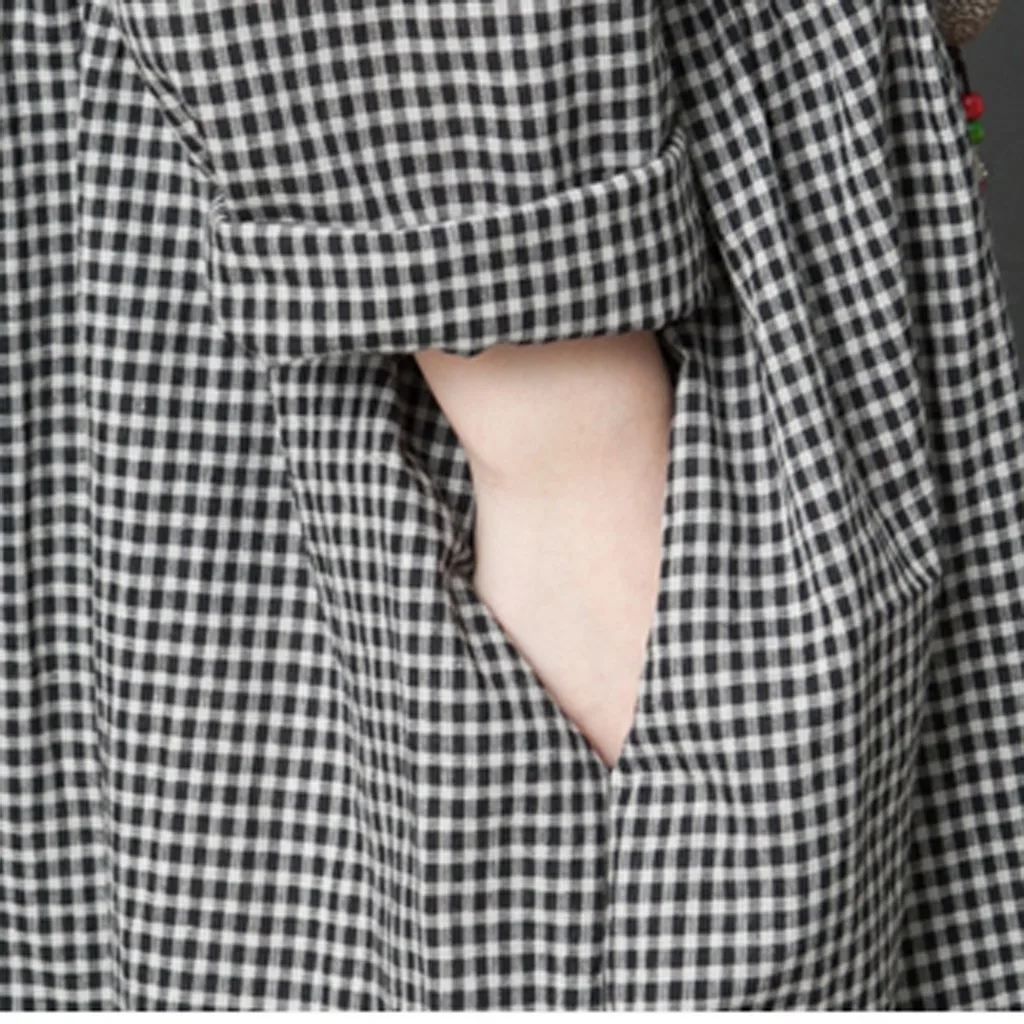 

Women's Plus Size Girl High-waist Linen Long-sleeved Plaid Dress Daily Casual Wear Loose Button Round Neck Dress
