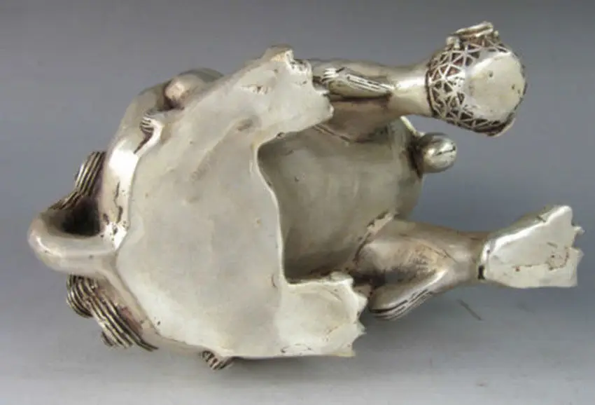 

5inch Chinese Silver Bronze Guardian Lion Foo Fu Dog Statue Decoration Crafts Statues & Sculptures