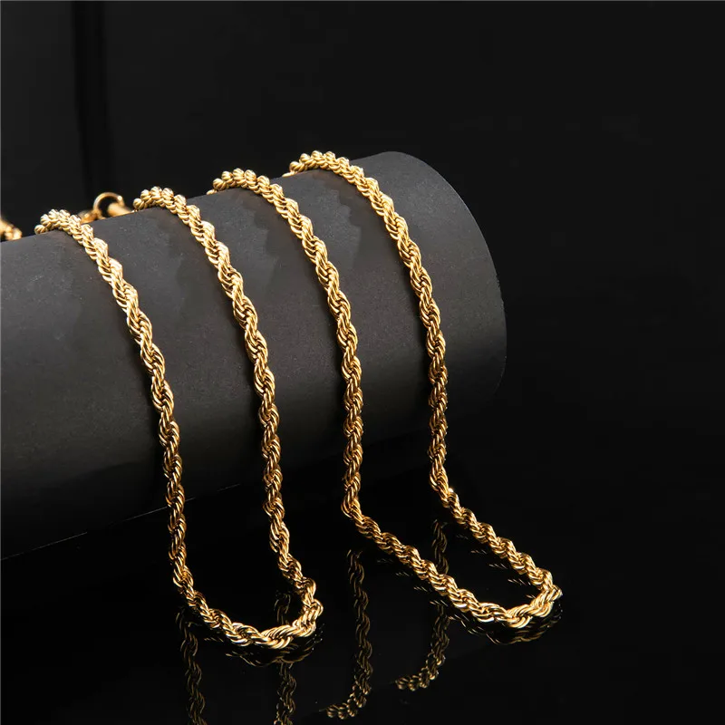 

Trendy Hip Hop Rope Necklace For Men Gold Color Stainless Steel Twist Chain Rock Rapper Unisex Fashion Gift Jewelry