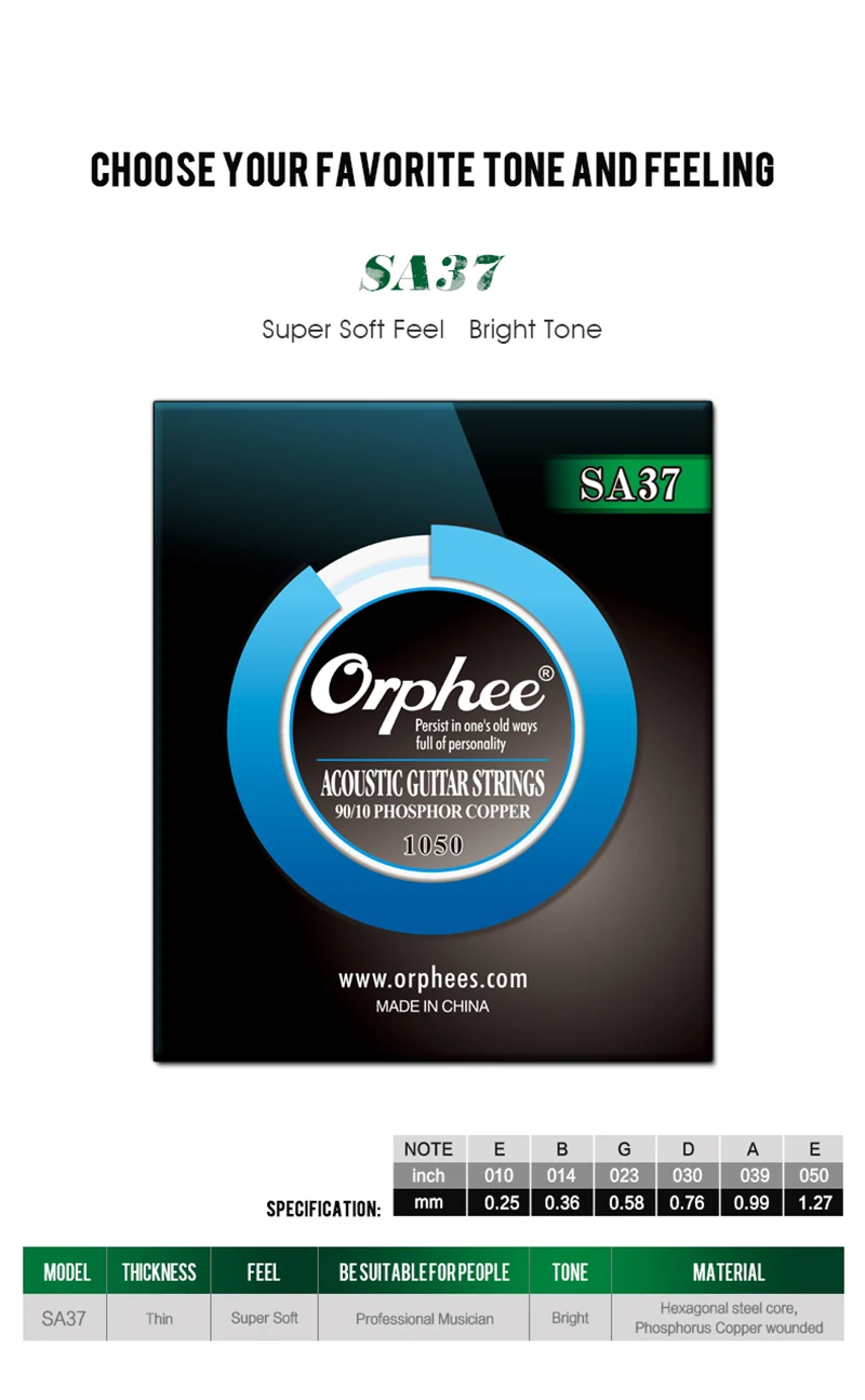 Набор струн для акустической гитары Orphee SA, Профессиональный светильник среднего размера, дополнительный светильник, струны из бронзы 90/10, аксессуары для гитары