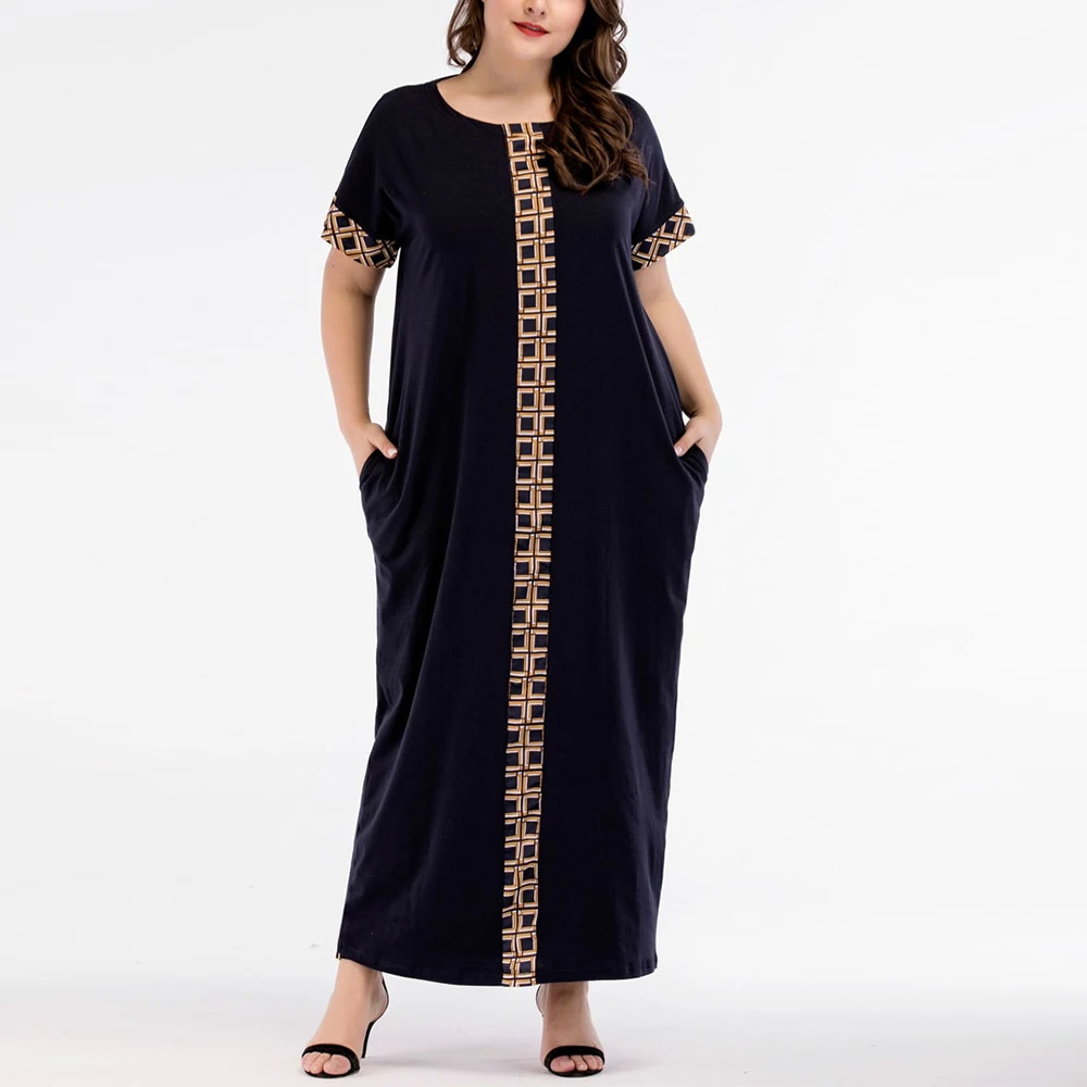 Женское платье-макси с круглым вырезом и коротким рукавом большого размера |