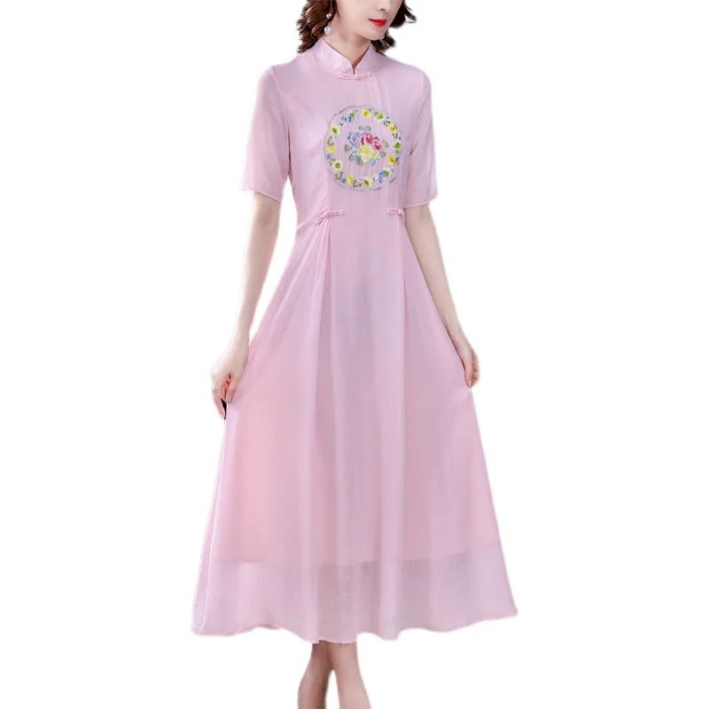 

COIGARSAM 3XL Plus Size Chinese Style Embroidery Women dress Dresses Pink Yellow White 8521