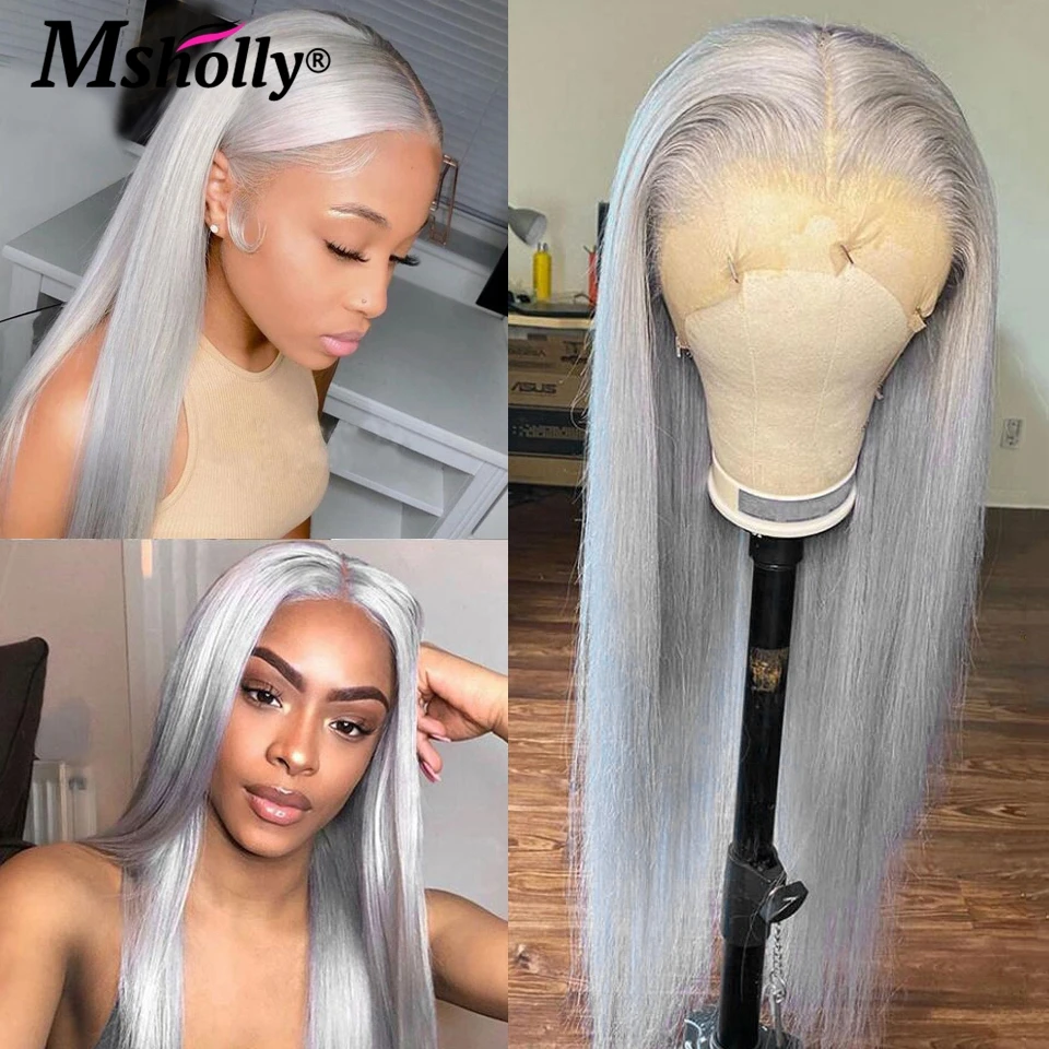 

Grey Silver Straight Lace Front Wig 13x4 Lace Frontal Wig Pre Plucked HD Transparent Lace Wigs For Women Human Hair Brazlilan