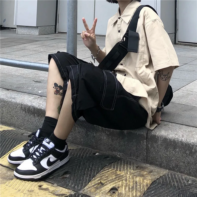 

Harajpoo Women Shorts Black Casual Shorts Summer Korean Ins Open Line Design Lovers Loose Thin Straight Tooling Five Point Pants