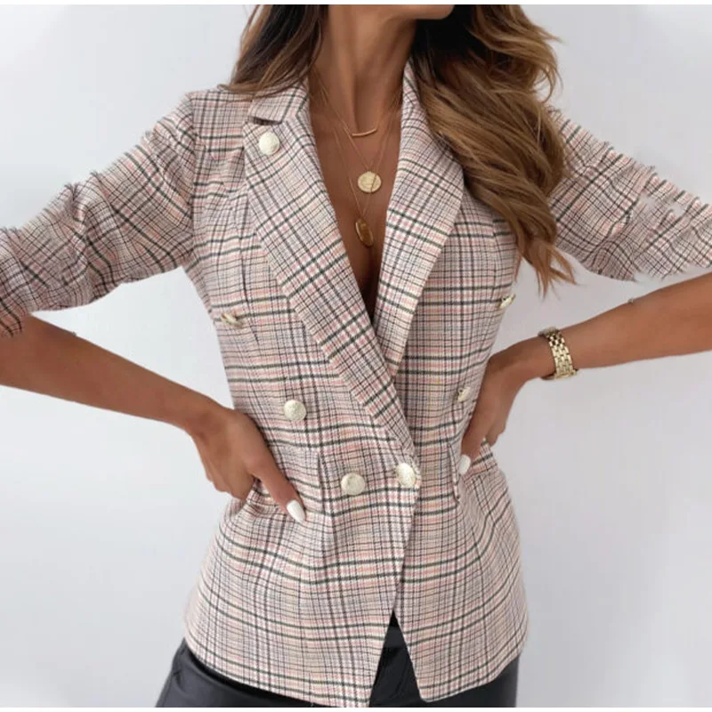 Women's Autumn Check Double-Breasted Blazer - Elegant Slim Fit Casual Suit Jacket for Office Fashion image 4