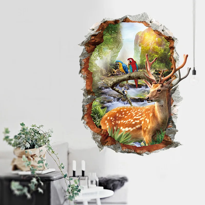 

3D wall sticker hole landscape Sika Deer sticker self adhesive bedroom sofa background wall