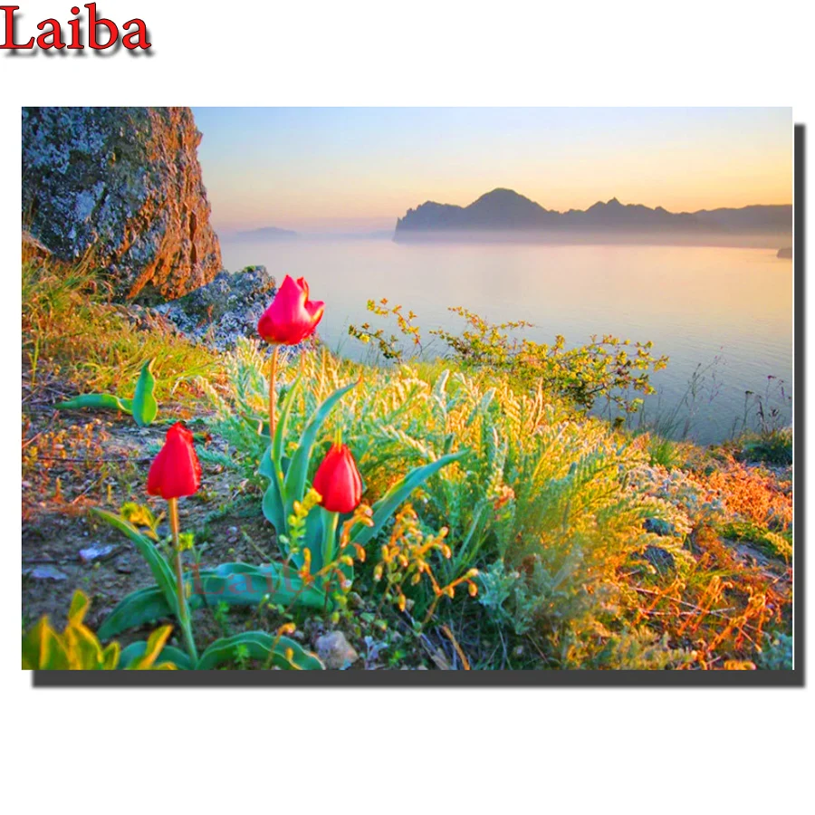 Алмазная 5D картина сделай сам восход солнца Озеро Туман цветок полный